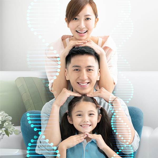 A vibrant and joyful family sitting united in the foreground. Their cheerful expressions contrast beautifully with the intricately detailed DNA helix vector that forms the backdrop. This harmonious blend underscores the pivotal role that DNA gene testing plays in understanding our health and lineage.